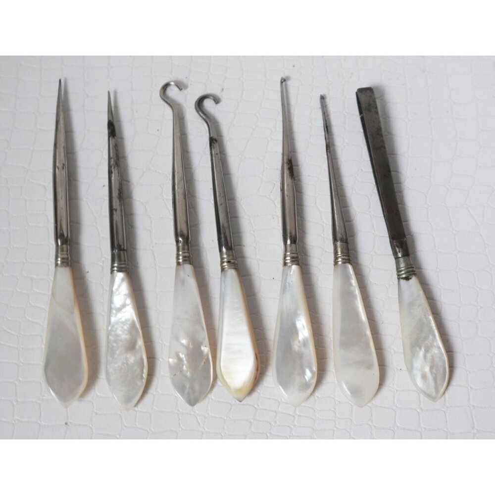 Set Of 7 Victorian Mother Of Pearl Handled Vanity Tools
